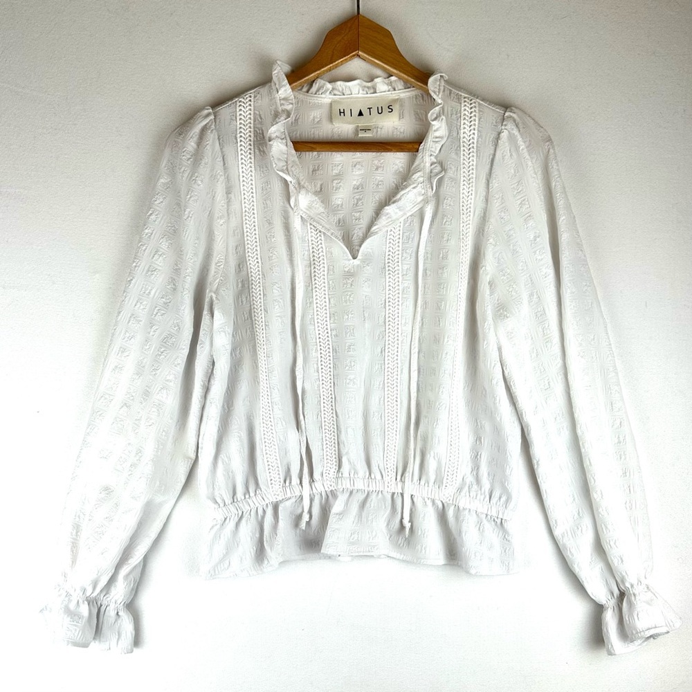Hiatus White Peasant Blouse Ruffle Tie Neck Boho